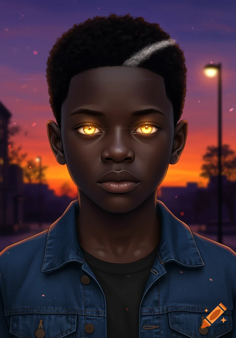 A stylized portrait of a young Black boy with glowing yellow eyes and a white streak in his hair, wearing a denim jacket, against a sunset cityscape.