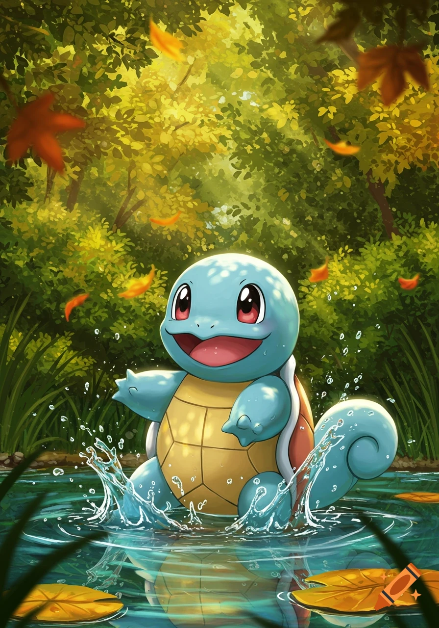 A happy Squirtle splashes in a pond surrounded by a lush green forest with autumn leaves falling around it. Sunlight streams through the trees.