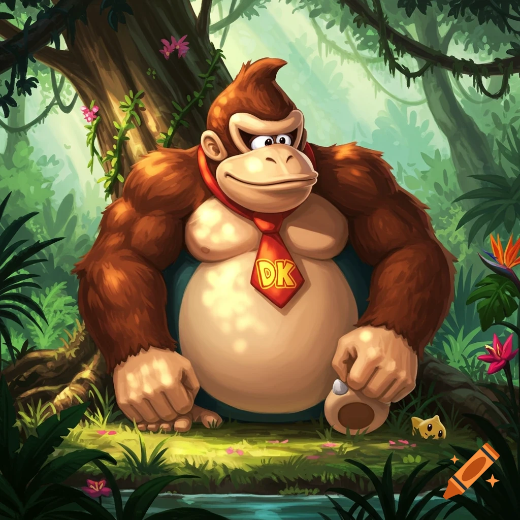 Donkey Kong sits in a lush jungle, wearing his iconic red tie with 'DK' letters. A small yellow creature is at his foot.