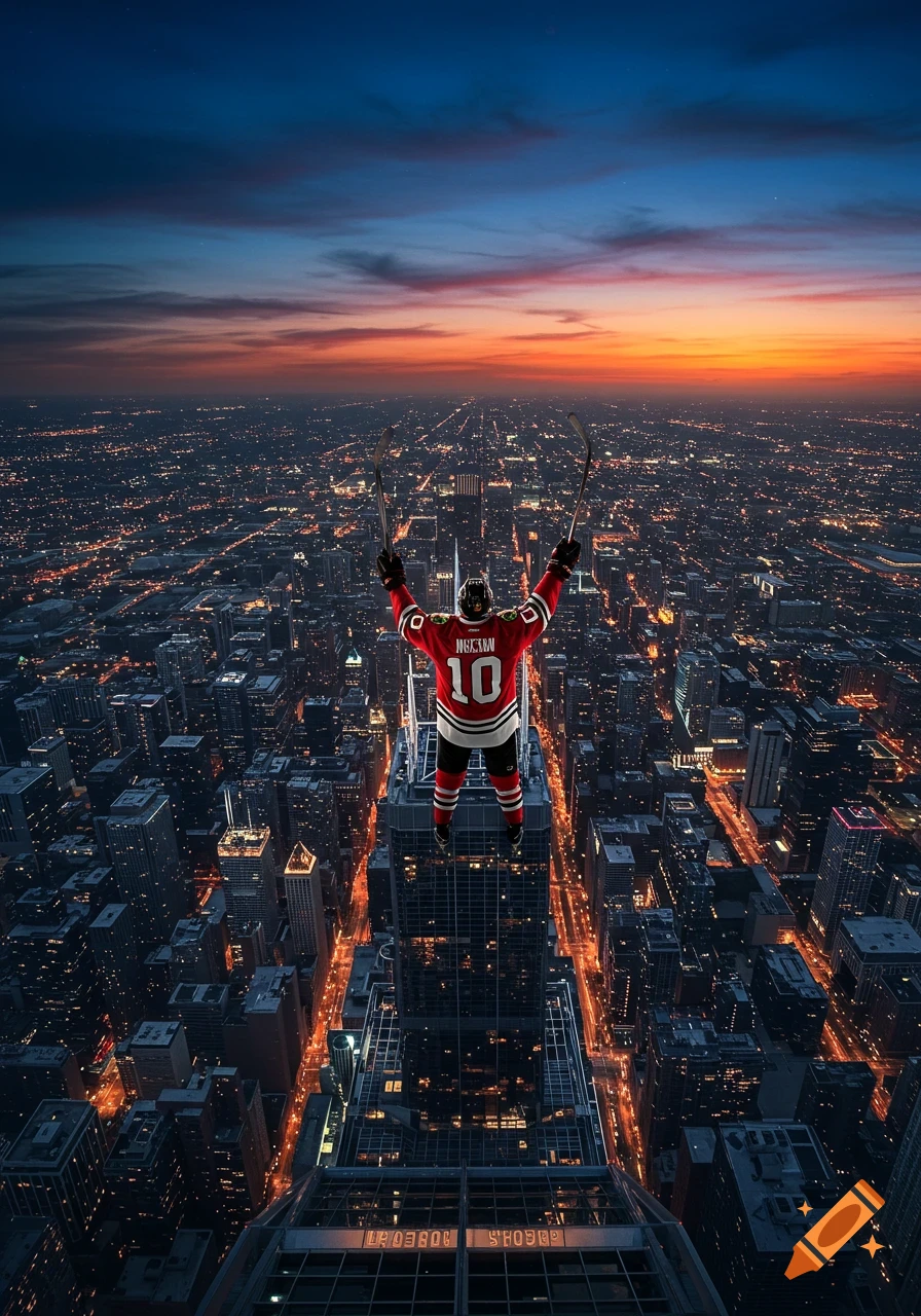 A hockey player in a red jersey with number 10 stands atop a tall skyscraper overlooking a vast city at dusk.
