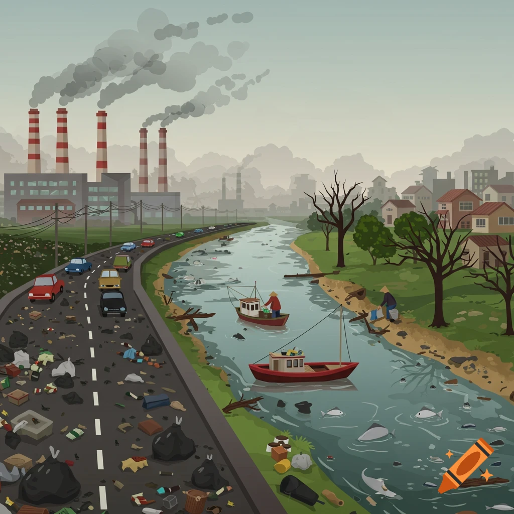A vector illustration depicting severe environmental pollution, with a polluted river and road next to smoking factories and trash.