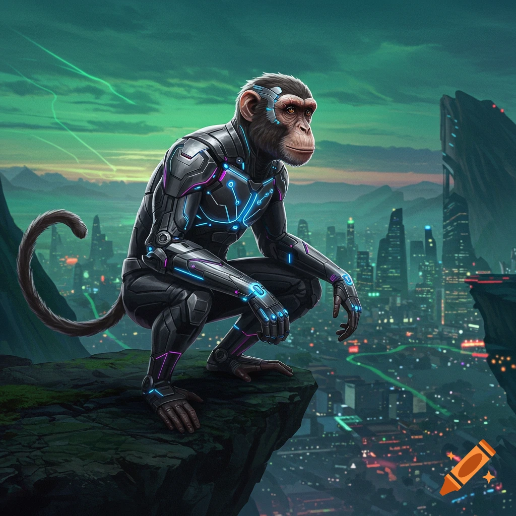 A monkey in a futuristic black and blue glowing suit squats on a cliff overlooking a neon-lit cyberpunk city at dusk.