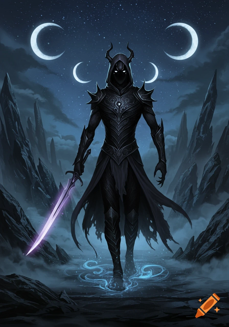 A dark fantasy figure in horned armor with glowing eyes walks through a misty, rocky landscape under a starry night sky with three crescent moons, holding a glowing purple sword.