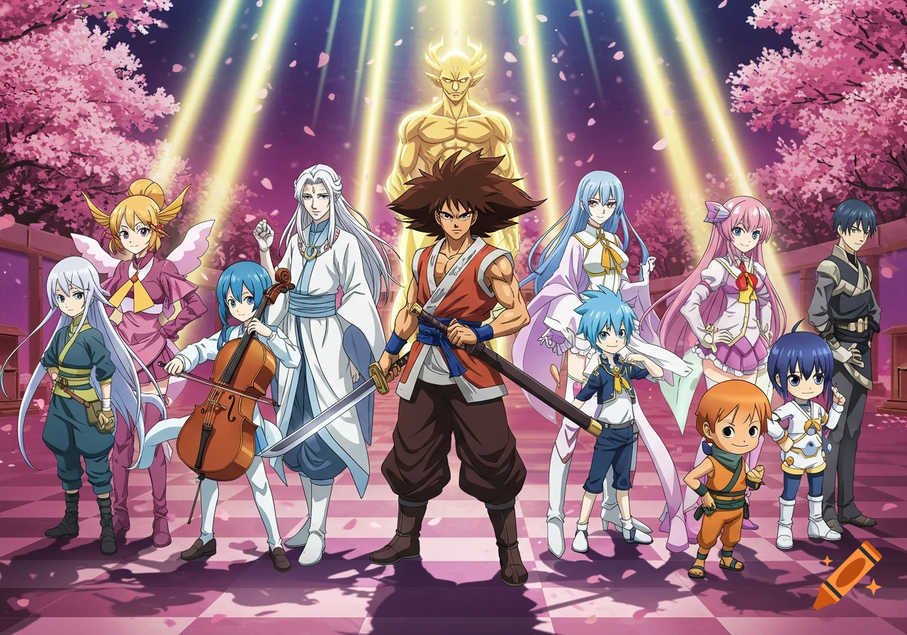 A group of diverse anime characters, including a central male figure with a sword, stand under glowing lights and cherry blossom trees.