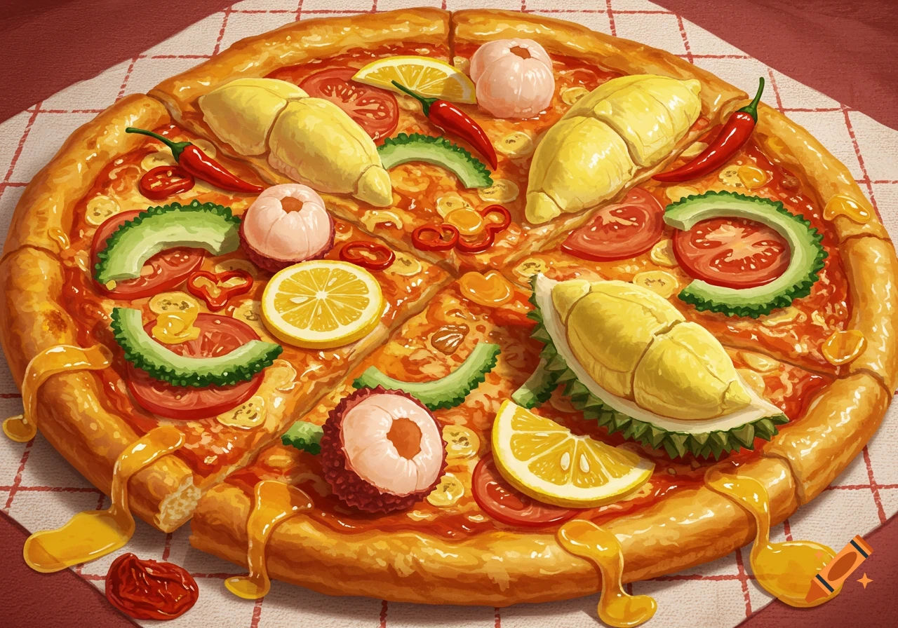 An illustrated pizza topped with durian, lychee, lemon, chili, bitter melon, tomato, and dripping oil.