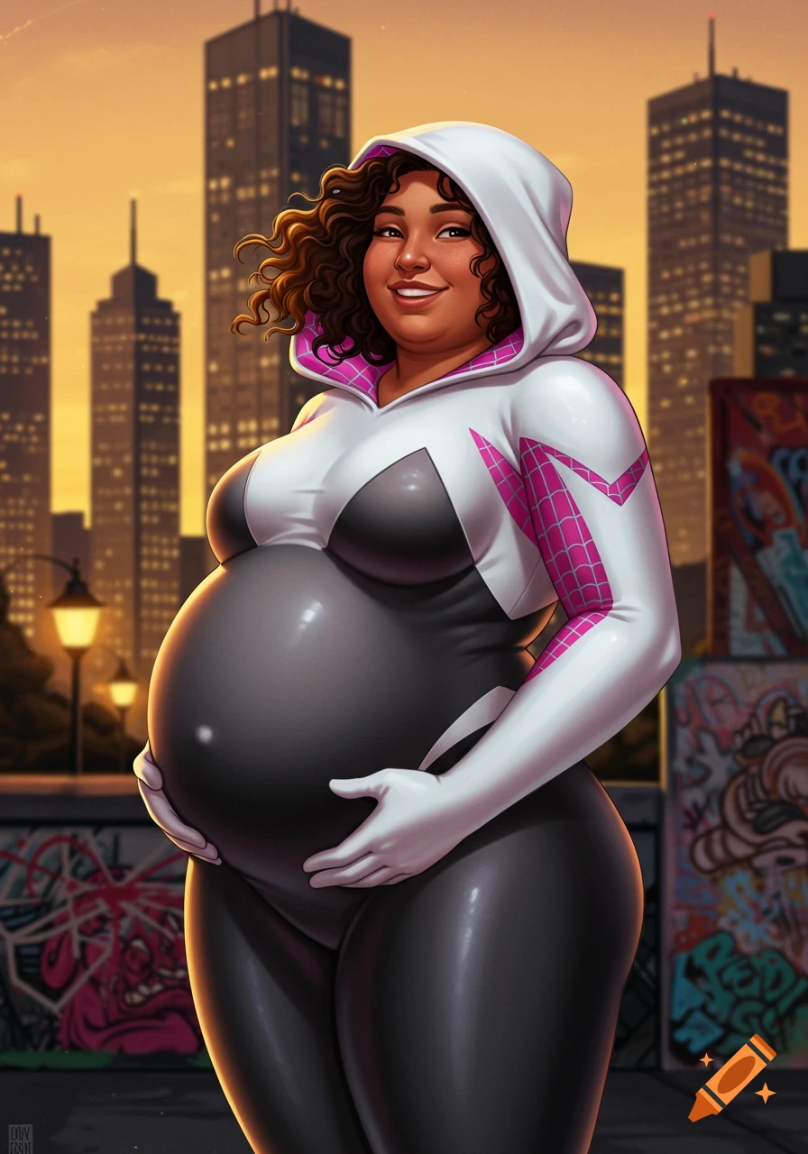 Smiling pregnant woman with curly hair in a white and black Spider-Gwen suit with pink accents, urban background.