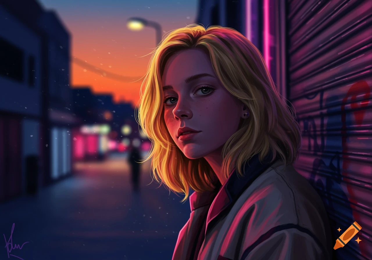A digital art portrait of a blonde young woman with green eyes, illuminated by neon lights, against an urban sunset backdrop with city buildings and graffiti.