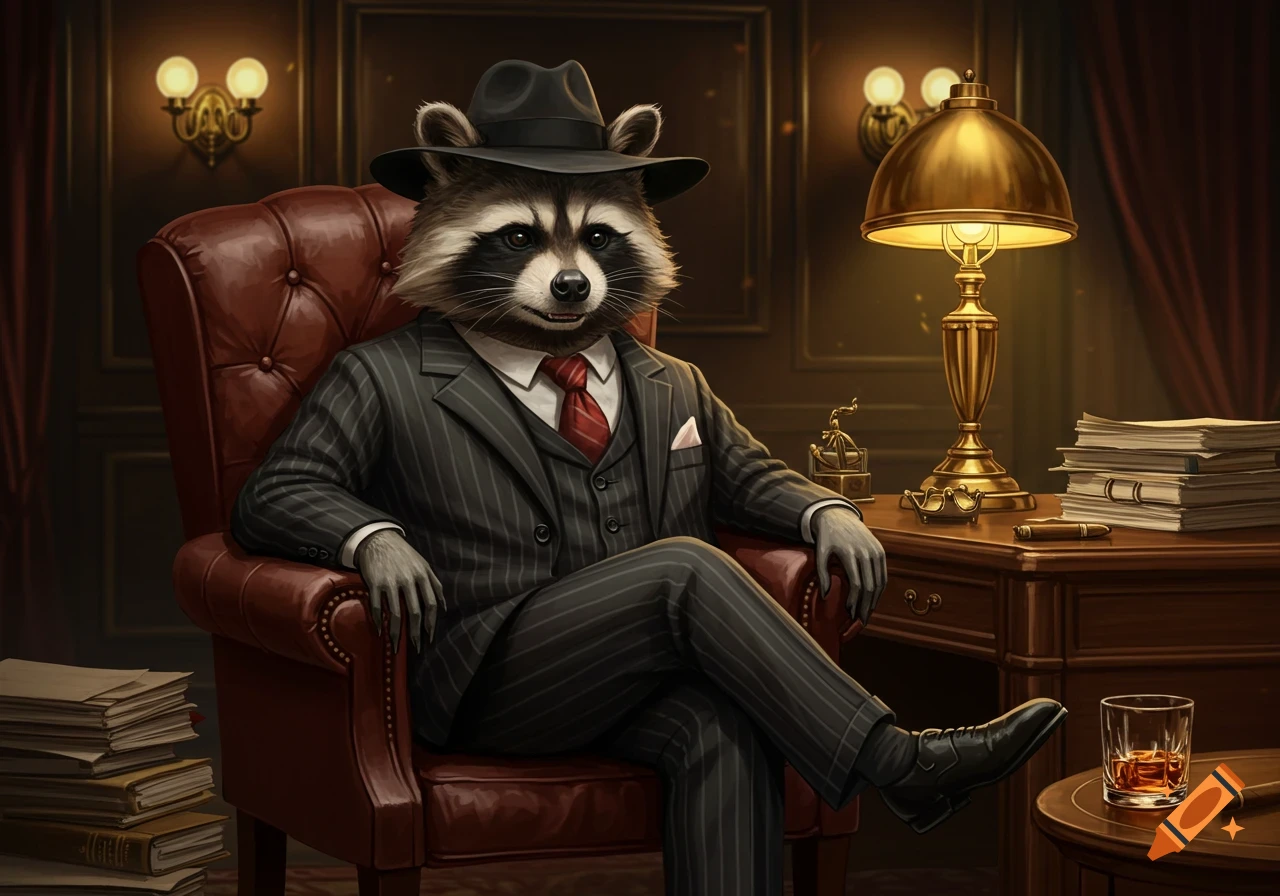 A raccoon in a pinstripe suit and fedora sits confidently in a leather armchair in a dimly lit, luxurious room, with a drink and cigar nearby.