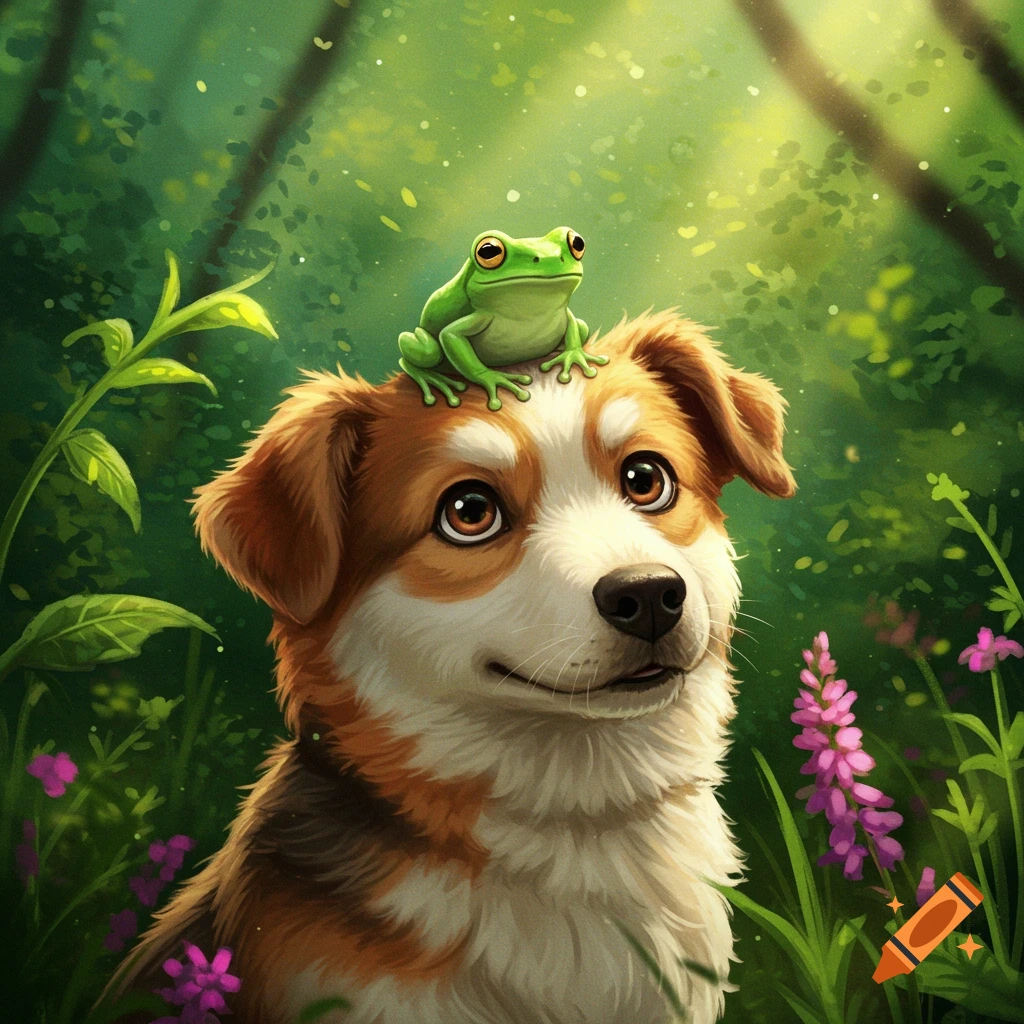A cute dog with a frog on its head in a lush green forest, stylized illustration.