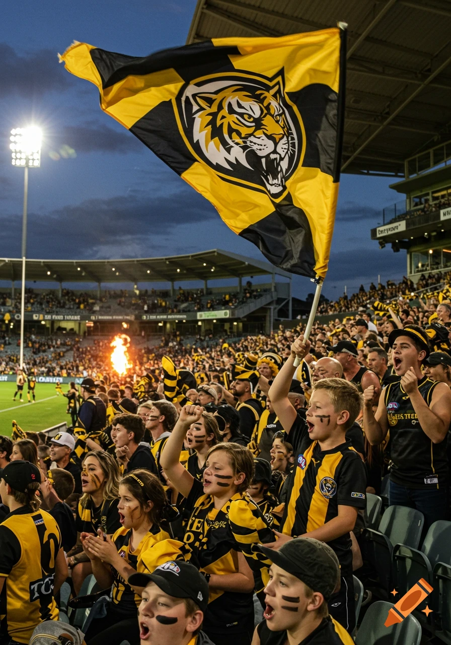 A stadium full of enthusiastic Richmond Tigers fans in black and yellow, cheering loudly with painted faces, as a large team flag waves and fire erupts on the field at night.