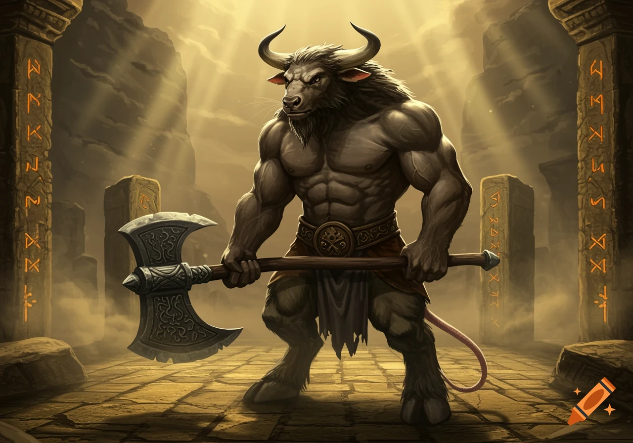 Muscular Minotaur-like creature with a bull head and mouse tail, holding a double-bladed axe in ancient ruins with sunrays, fantasy digital art.