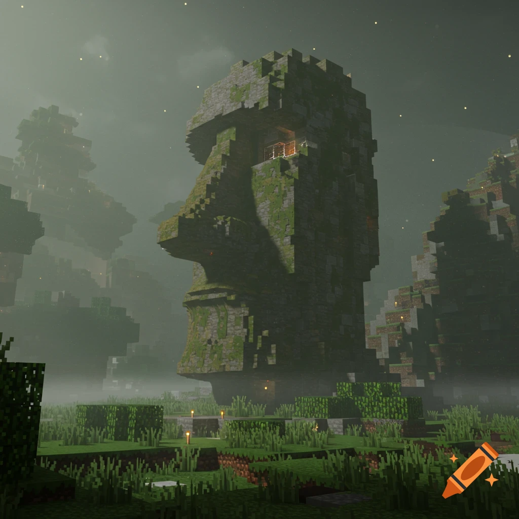 A giant mossy Minecraft-style Easter Island statue in a foggy landscape with other blocky structures and glowing lights.