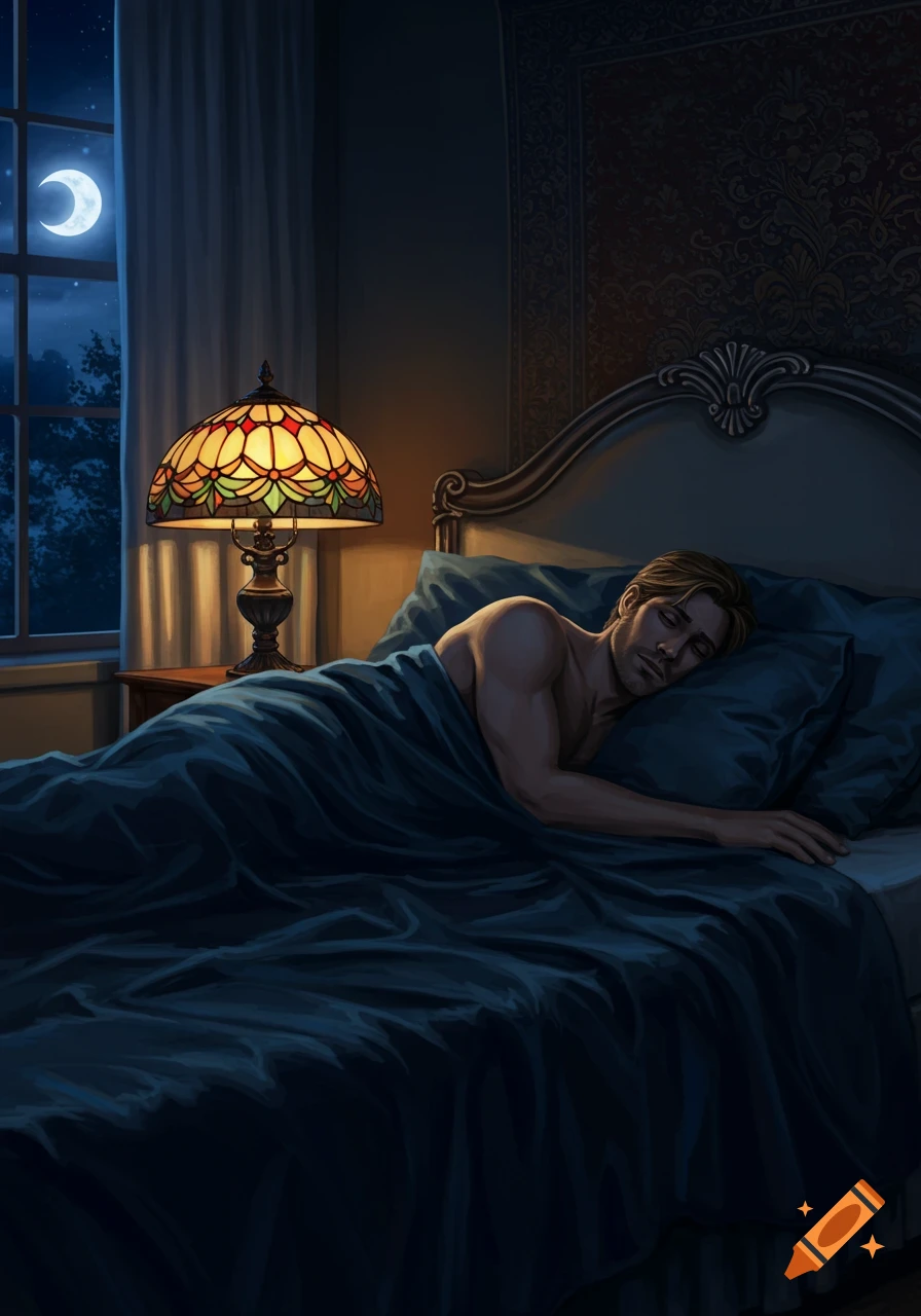 A man with blonde hair sleeps peacefully in a dark bedroom, illuminated by a stained-glass lamp and moonlight from a window, in a digital painting.