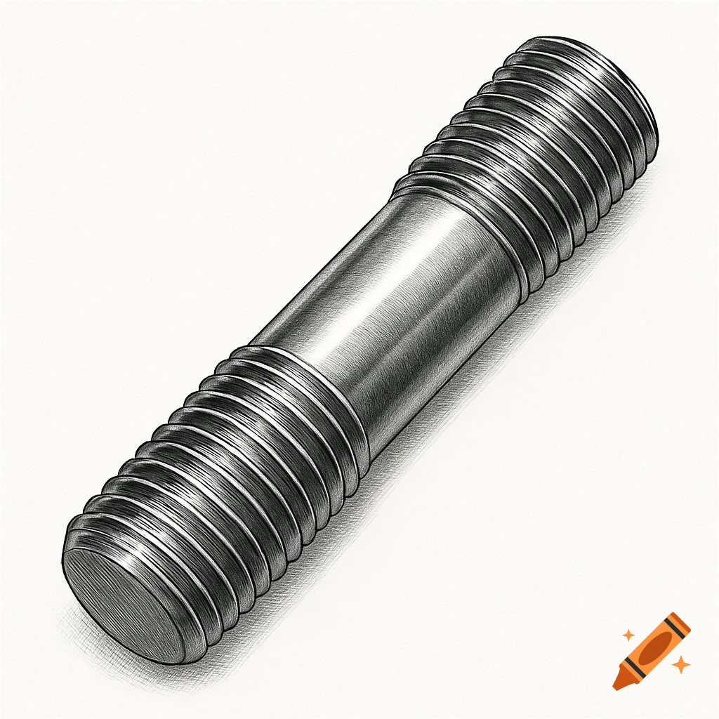 A detailed illustration of a metallic double-end stud against a white background, in a sketch-like style.