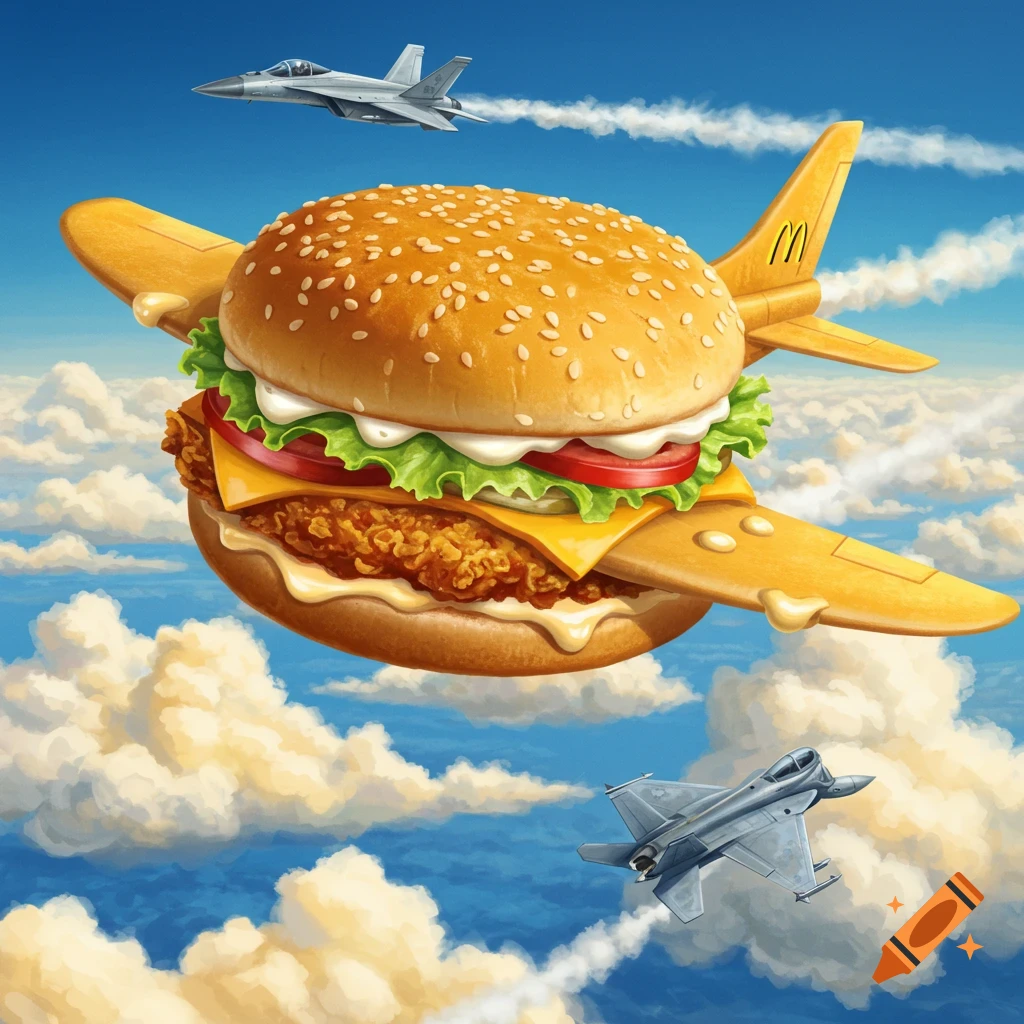 A surreal image shows a chicken burger flying as a plane with a McDonald's logo, escorted by two fighter jets in a blue sky with clouds.