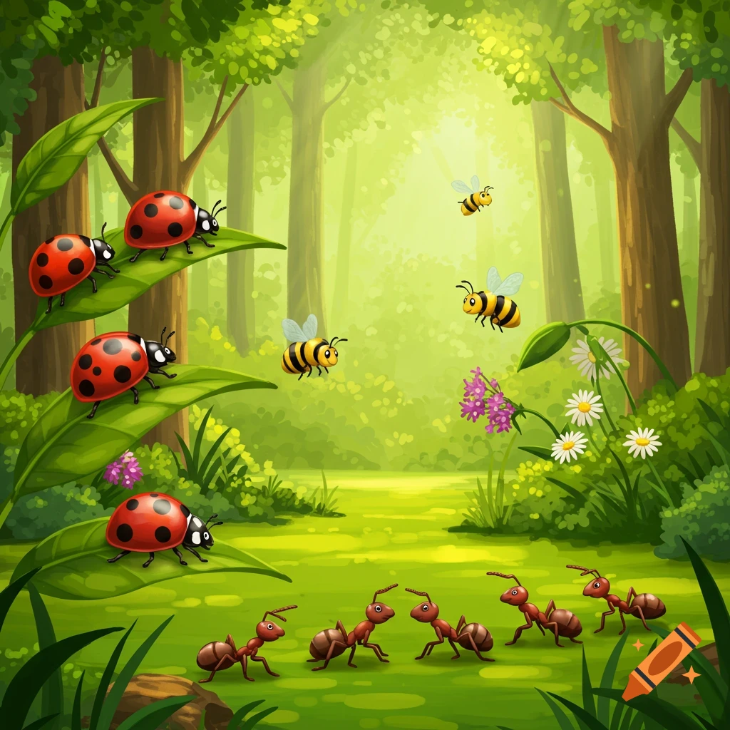 A vibrant cartoon forest scene with several ladybugs on large green leaves, bees flying, and ants on the forest floor, all in a cute style.