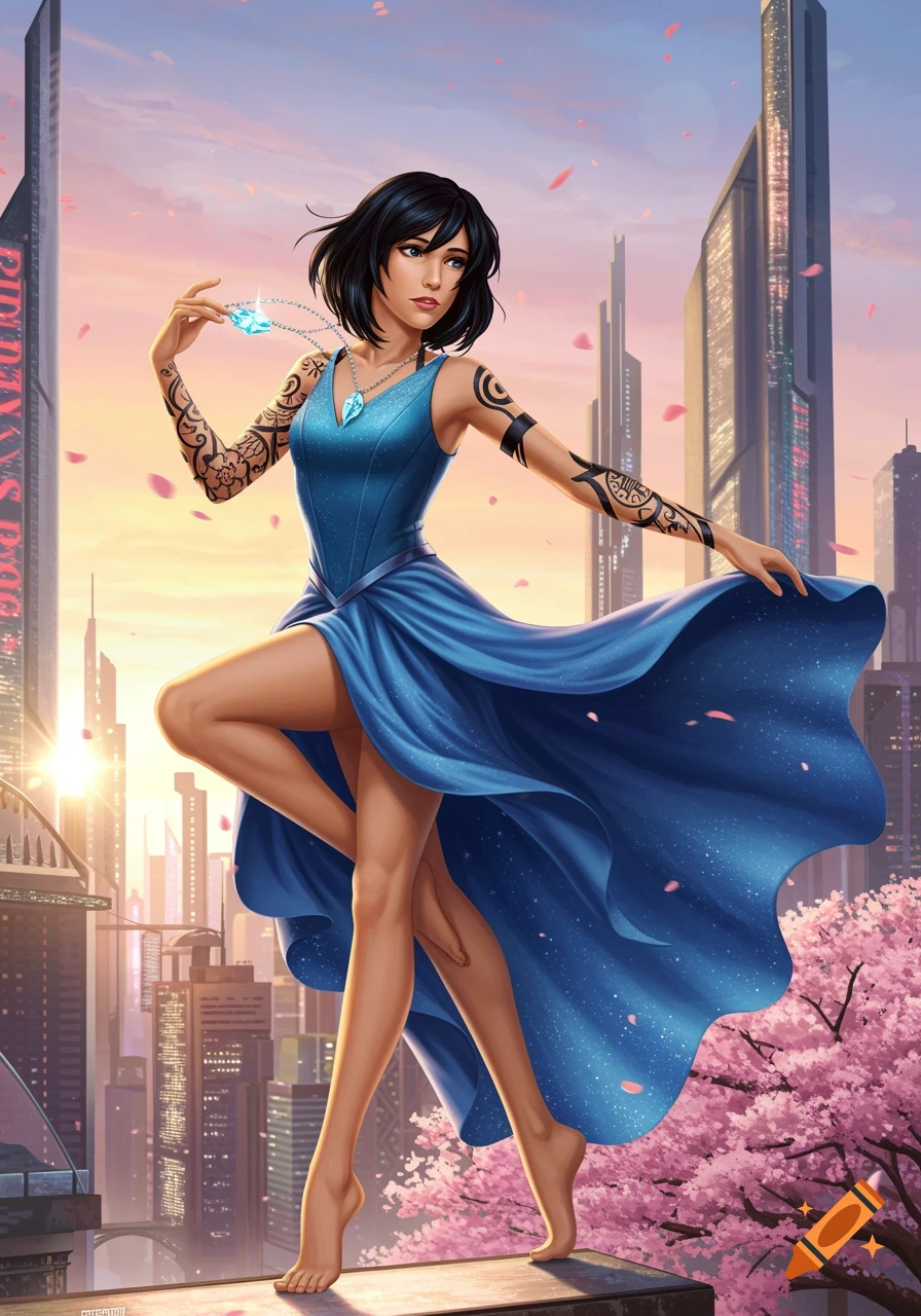A stylized illustration of a dark-haired woman in a blue flowing dress, holding a glowing crystal, in a futuristic city at sunset.