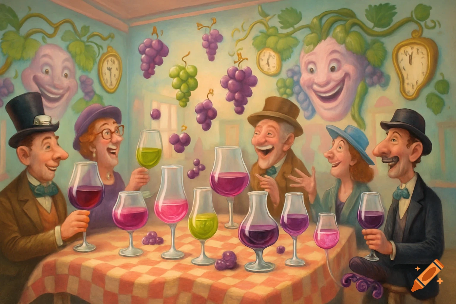 A whimsical, cartoonish painting depicts people at a wine tasting, surrounded by anthropomorphic grapes and melting clocks on the wall.