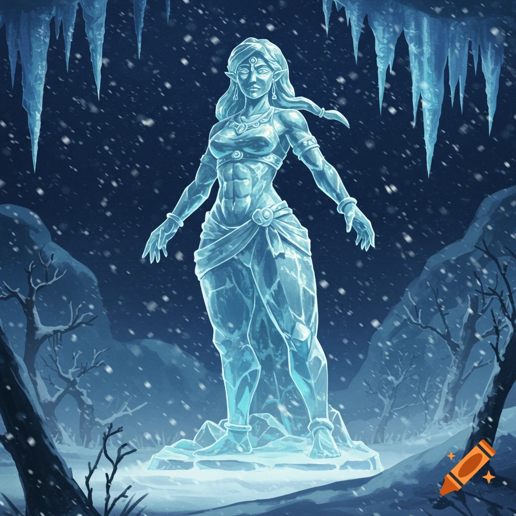 A blue ice statue of a warrior woman with long hair and elven ears stands in a snowy cave with icicles and falling snow.