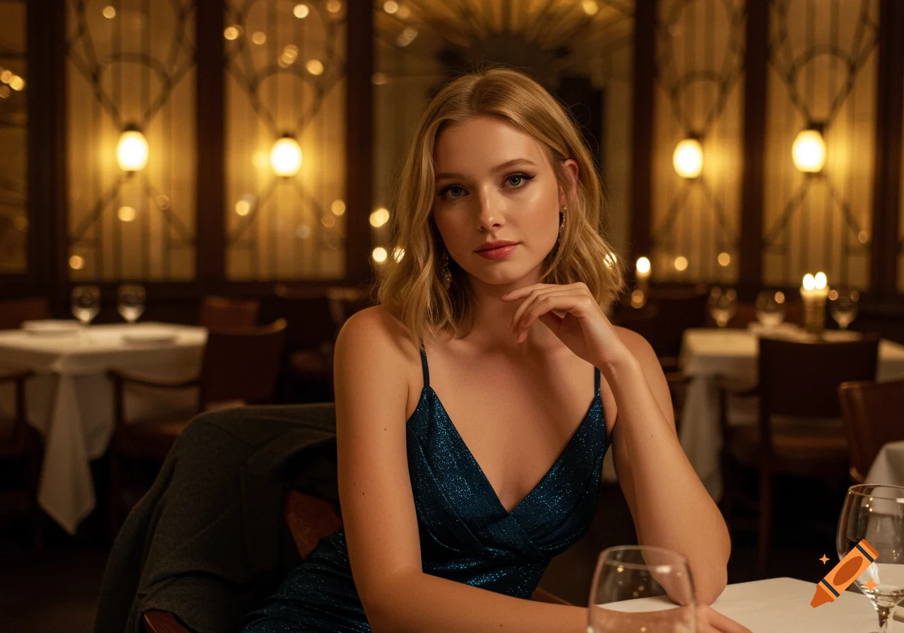A beautiful young blonde woman in a sparkling blue cocktail dress sitting at a table in a dimly lit restaurant.