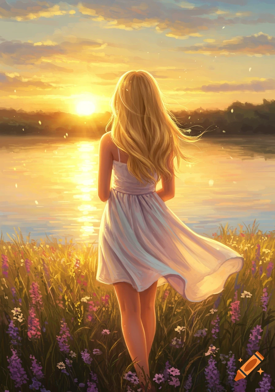Digital painting of a blonde girl in a white dress standing in a wildflower field, looking at a golden sunset over a lake.