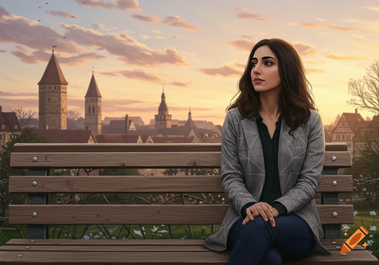 Young woman in a geometric patterned jacket sitting on a park bench, gazing at an old European city at sunset. Digital art.