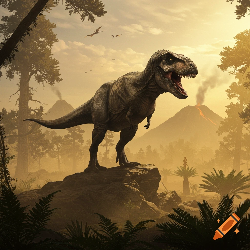 A photorealistic Tyrannosaurus Rex roars atop a rocky outcrop in a prehistoric landscape with erupting volcanoes and lush ferns at sunset.
