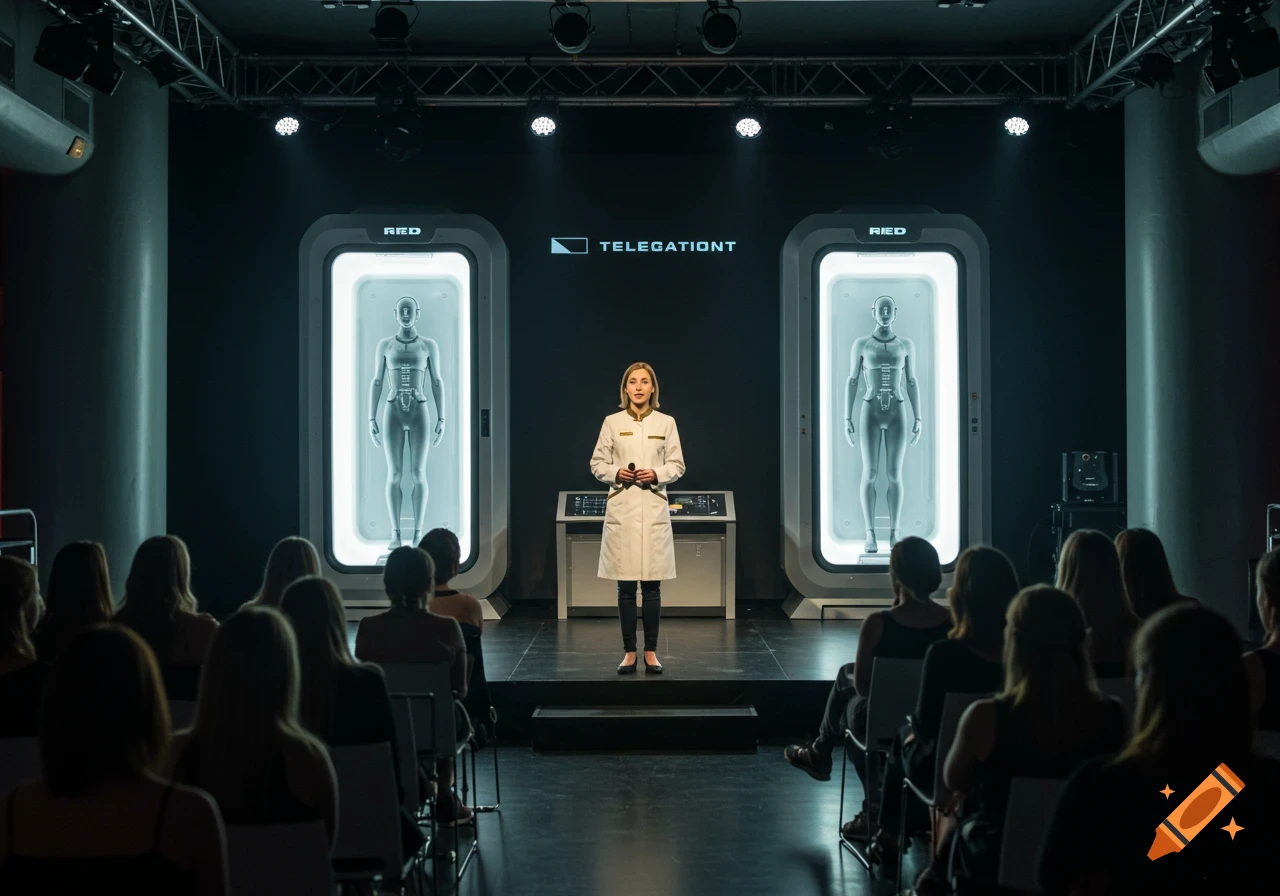 A woman in a lab coat speaks on a futuristic stage with two glowing human figure chambers, to an audience.