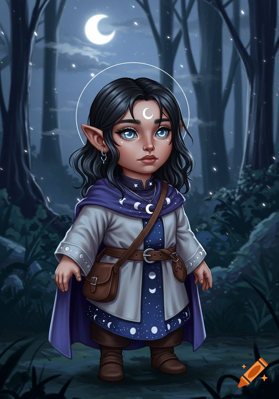A cute halfling cleric with black hair and blue eyes stands in a moonlit forest, wearing robes with moon and star patterns.