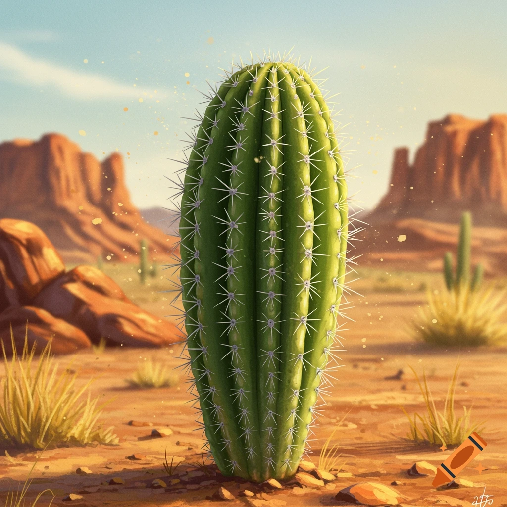 A tall, green saguaro cactus stands prominently in a bright desert landscape with red rock formations and sparse vegetation.