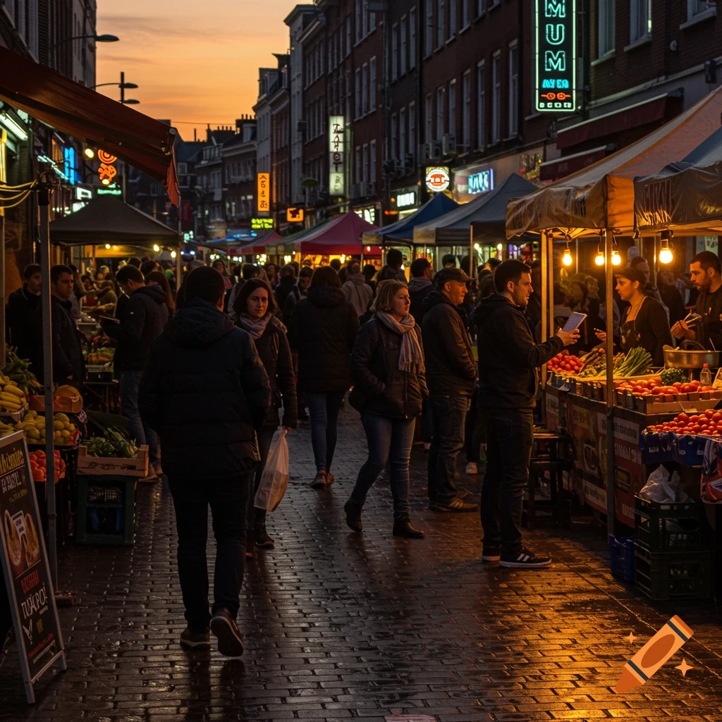 A busy street market at dusk, with people walking amongst stalls lit by warm lights and buildings in the background under an orange sky.