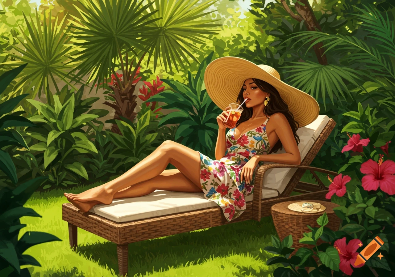 Woman in sunhat and floral dress reclines on lounge chair in a lush tropical garden, sipping iced tea.