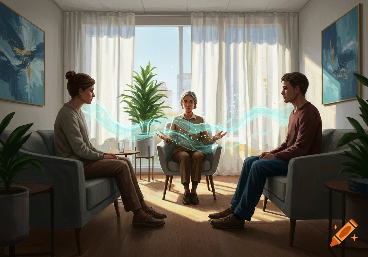 A therapist facilitates a session between a man and a woman in a bright room, with glowing blue energy flowing between them.