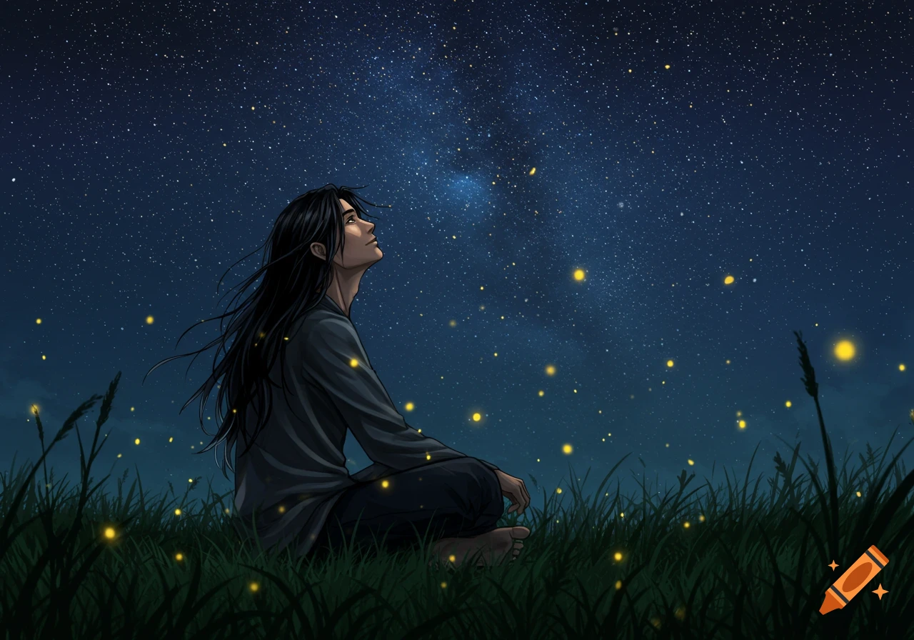 A long-haired man sits in grass under a starry night sky, looking up at the Milky Way and fireflies.