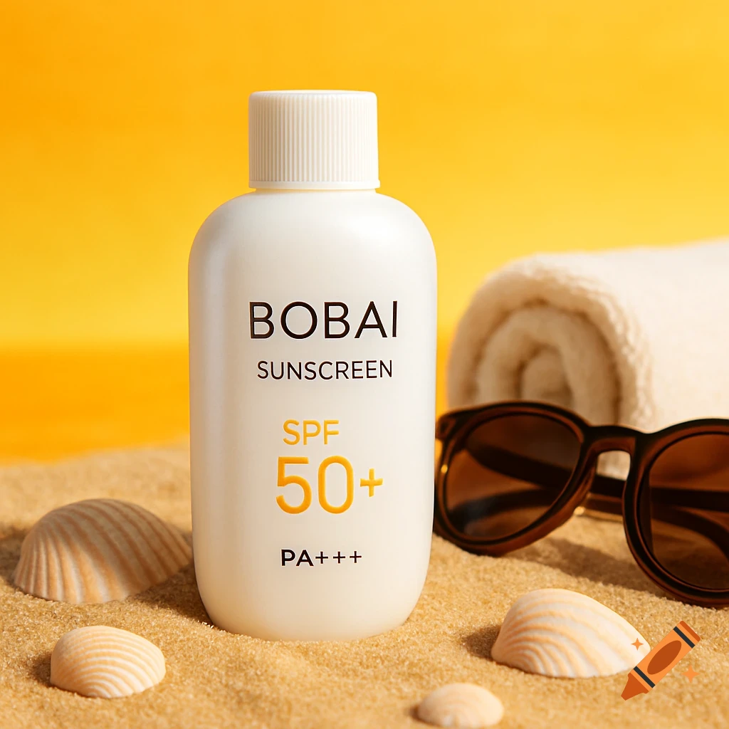 A photorealistic product shot of a white BOBAI Sunscreen bottle with SPF 50+ on sand with seashells, sunglasses, and a towel, against a vibrant yellow background.