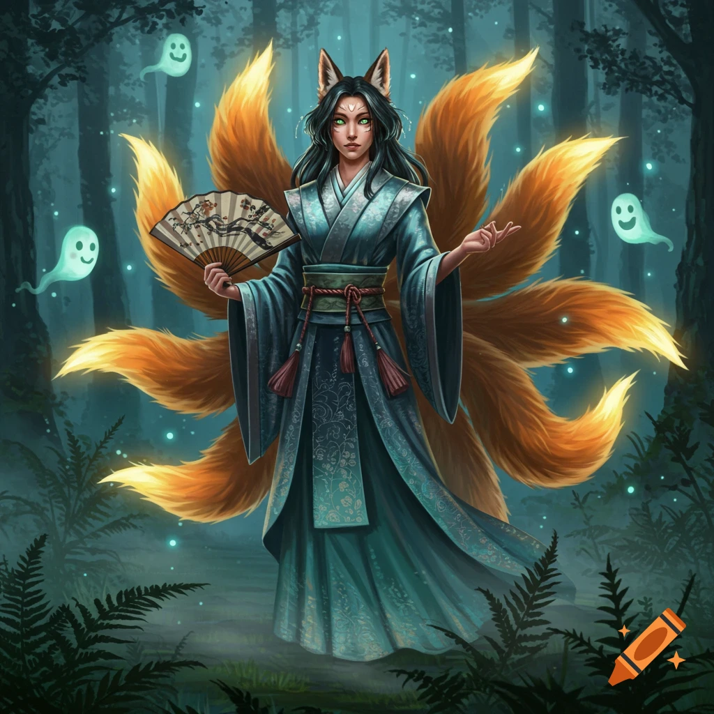A female Kitsune with nine orange tails and fox ears, dressed in a blue kimono, holds a fan in a mystical forest with glowing spirits.