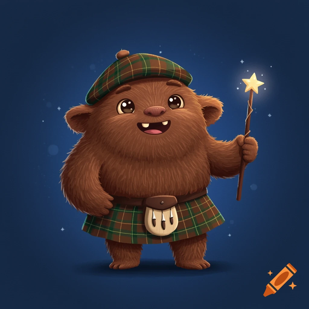 A cute, furry brown cartoon brownie wearing a Scottish kilt and beret, holding a glowing star-tipped wand against a blue background.