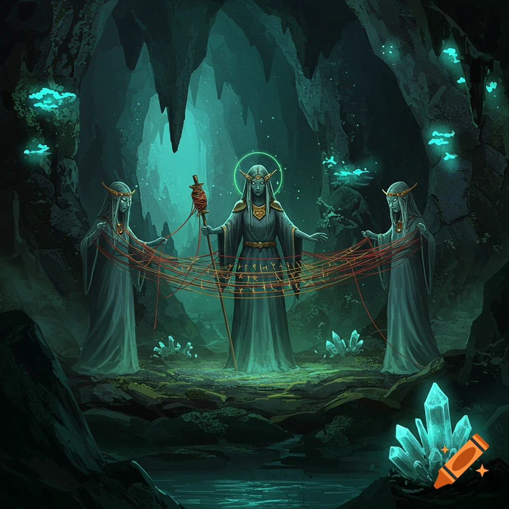 Three mystical elven figures in long robes with glowing halos, weaving red threads in a dimly lit cave filled with glowing blue crystals and mushrooms.