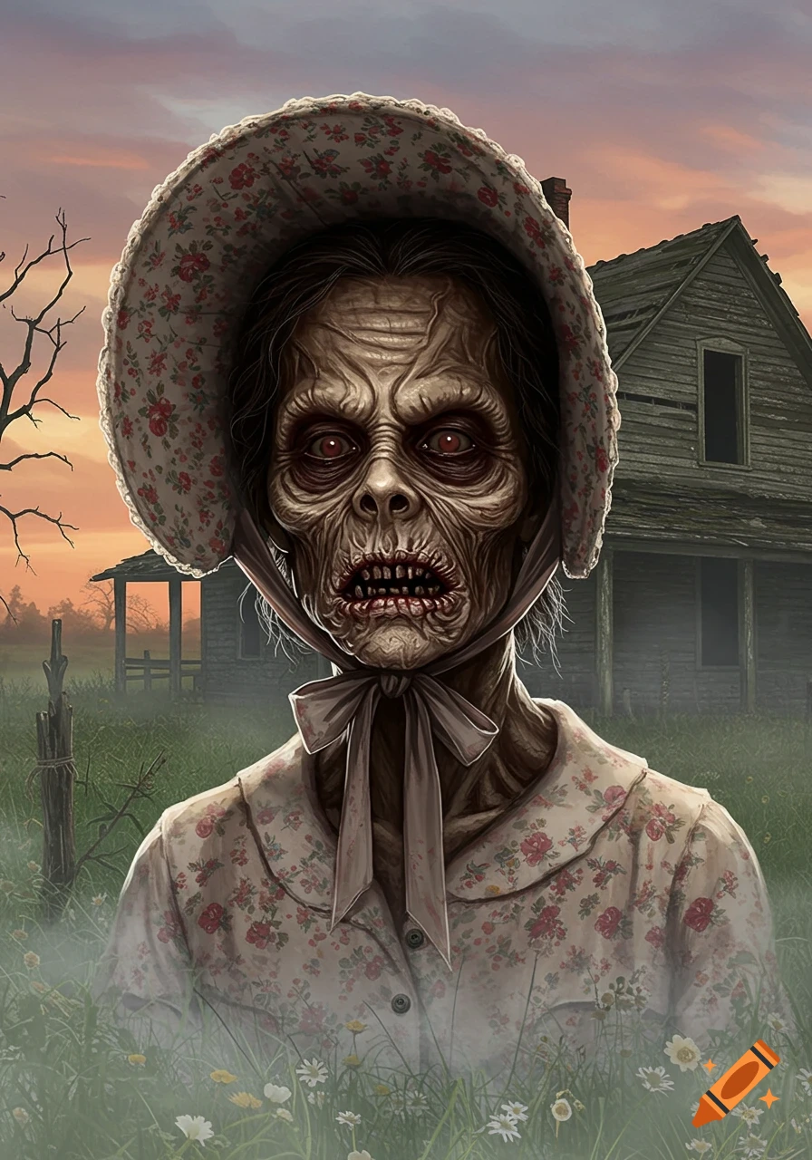 A grotesque zombie creature in a floral bonnet and dress stands in a misty field with a dilapidated house at sunset.