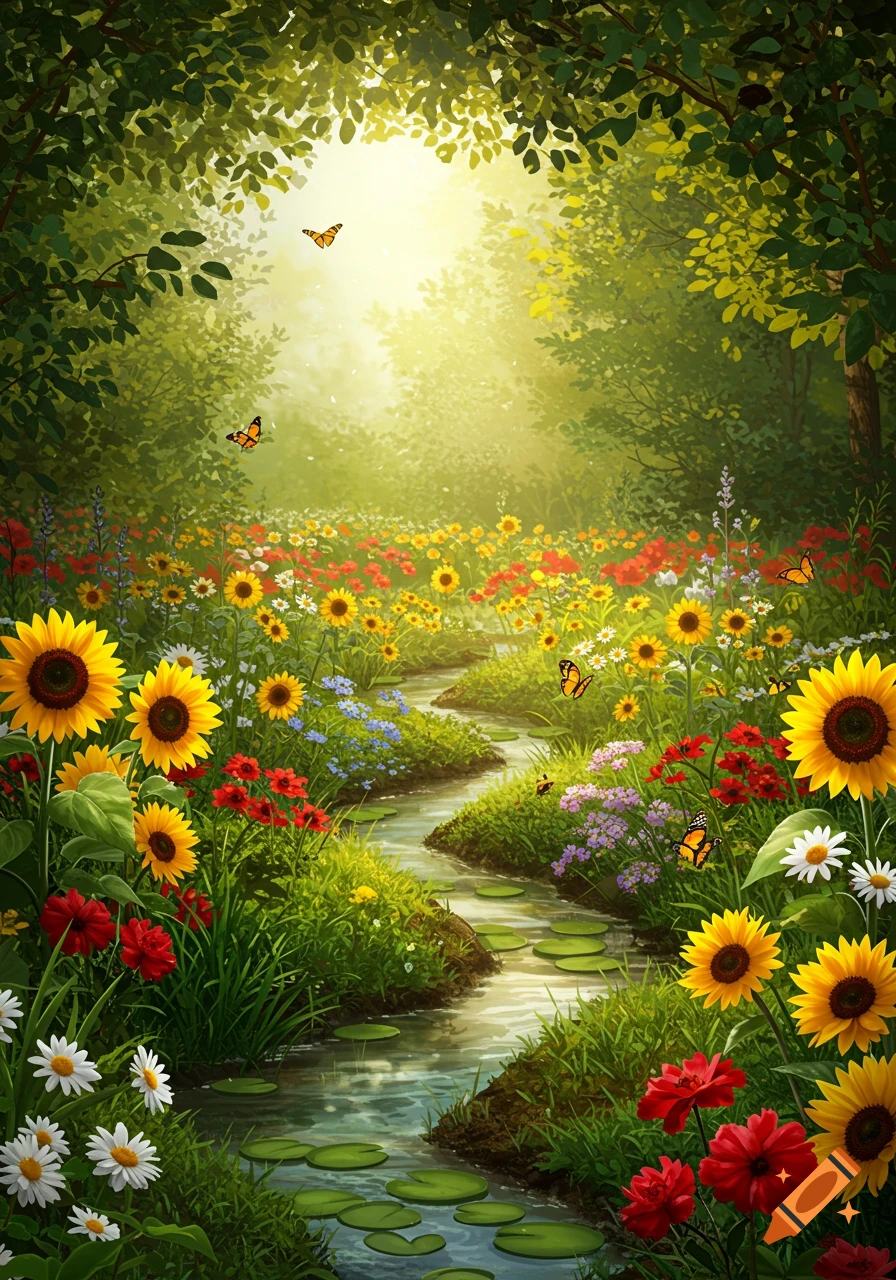 A vibrant garden path with a winding stream, bordered by colorful sunflowers, red and white flowers, and lush green trees under bright sunlight.