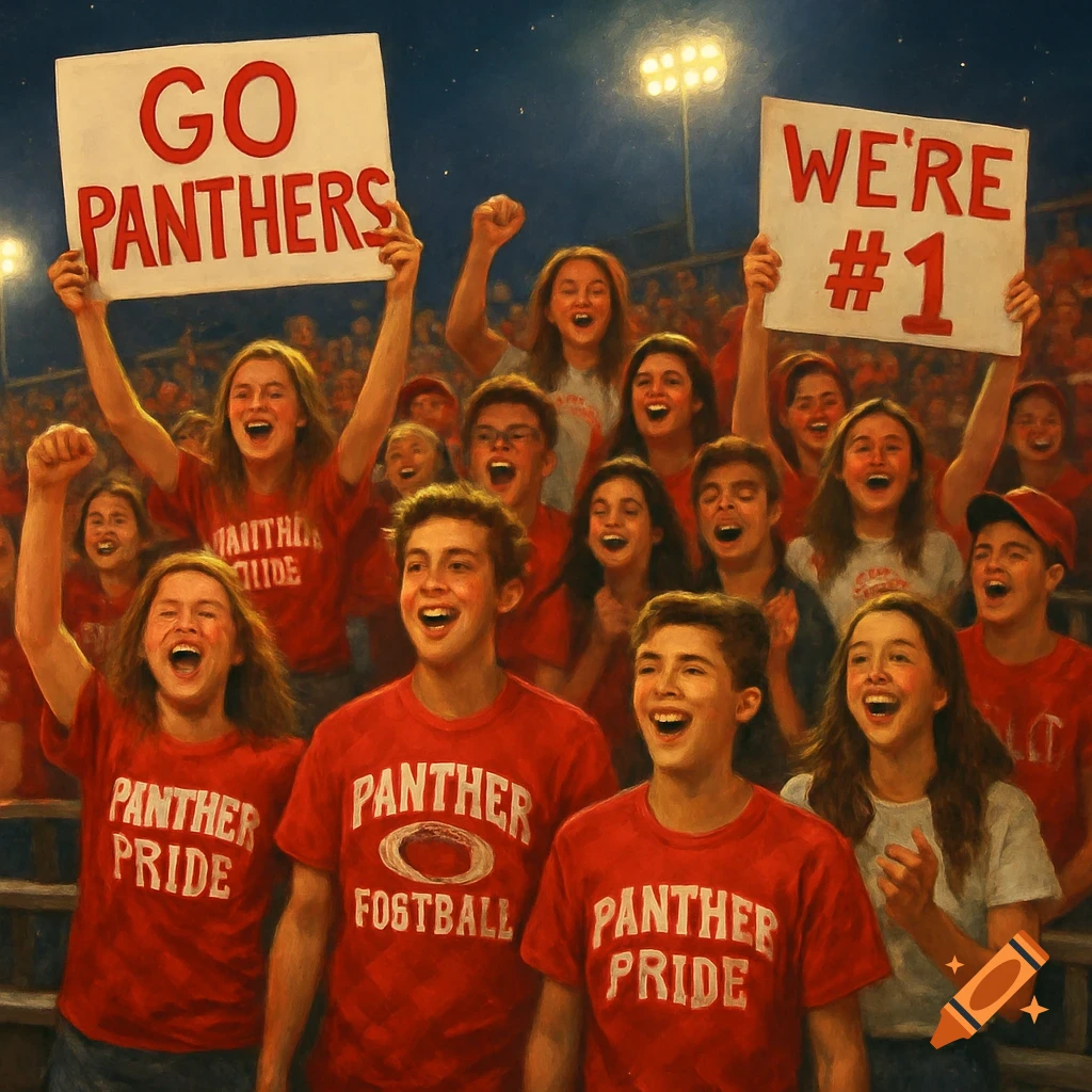 A large crowd of enthusiastic students in red shirts cheer at a night high school football game, holding signs and wearing "Panther Pride" shirts.