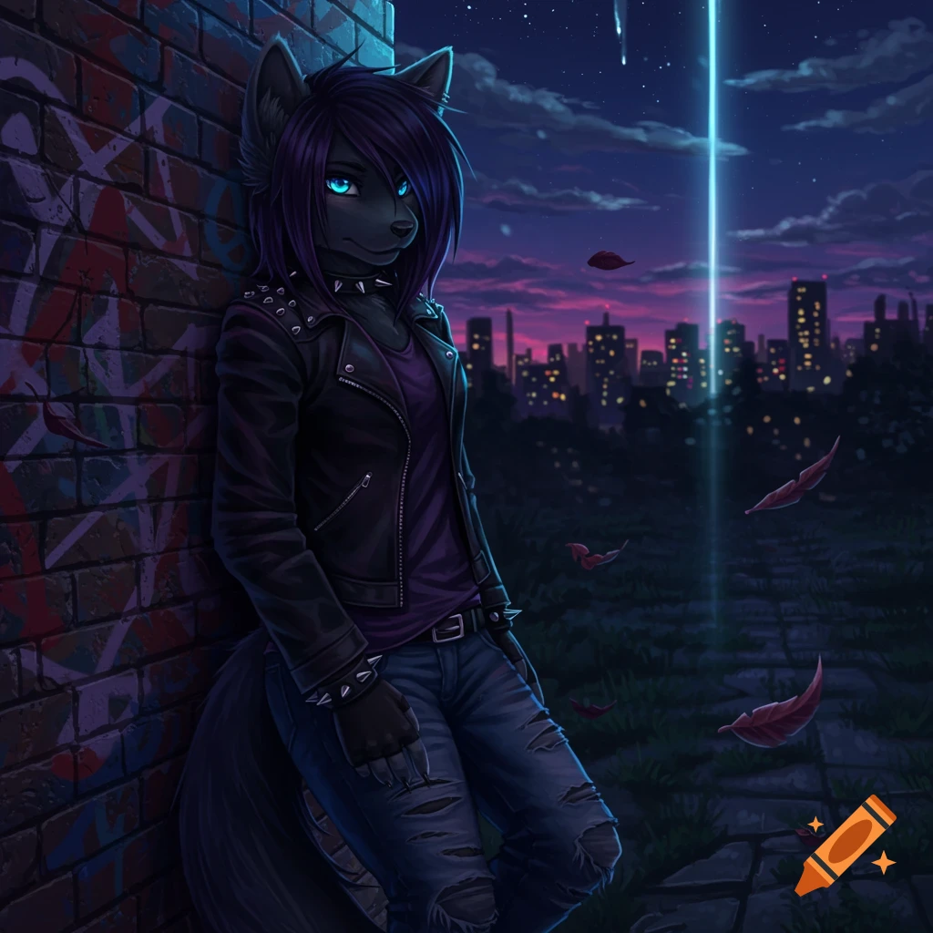 A dark-furred emo furry with blue eyes, leaning on a graffiti wall at night with a city skyline and a glowing blue beam, digital art.
