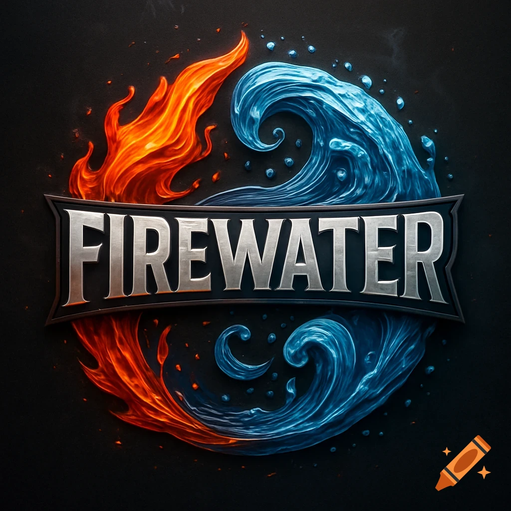 Sports team logo with intertwined stylized fire and water, featuring the word 'FIREWATER' on a metallic banner.
