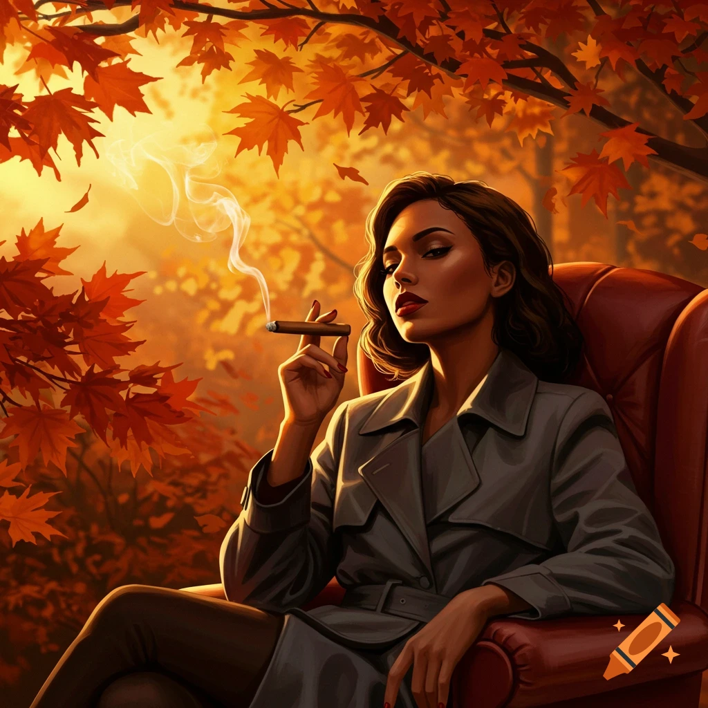 An illustrated woman in a trench coat smoking a cigar, seated in an armchair amidst vibrant autumn foliage.