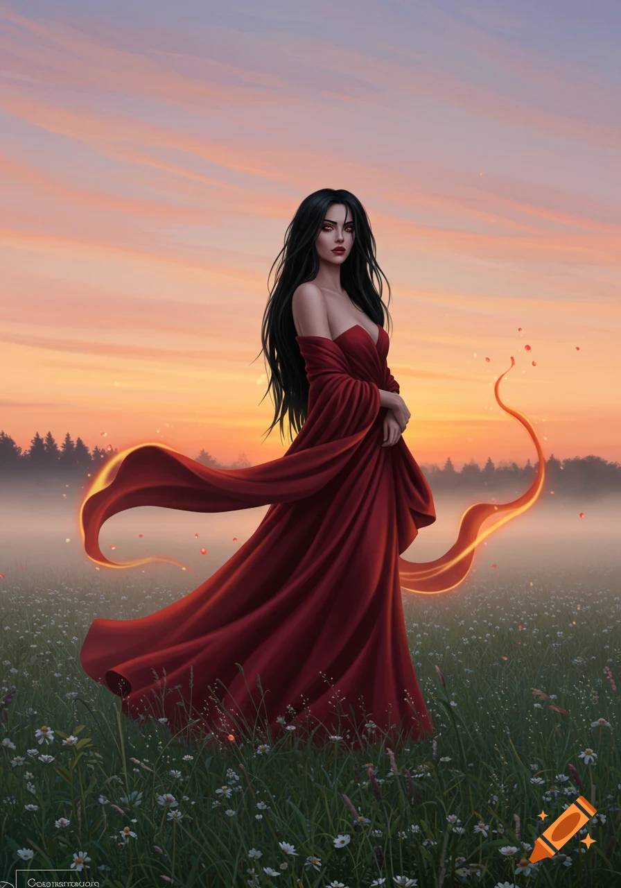 A dark-haired woman in a flowing red dress stands in a field of wildflowers at sunset with a glowing red ribbon effect.