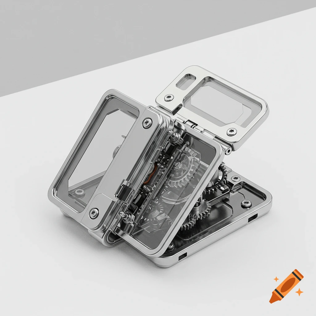 A shiny metallic futuristic mechanical toy flipped open, revealing gears and internal components, on a white table.