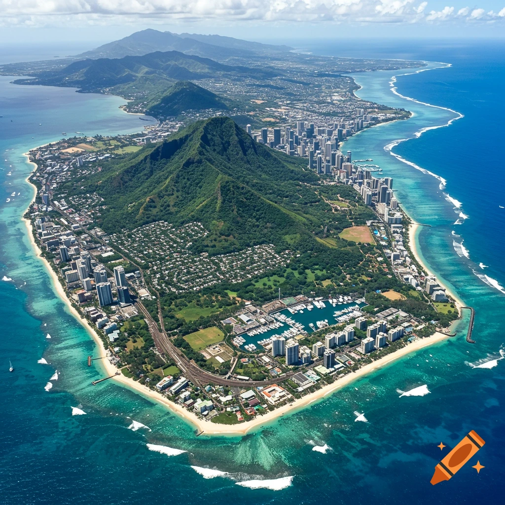 A vibrant aerial view of a large island city with towering mountains, a busy coastline, beaches, and a marina surrounded by clear blue ocean waters under a partly cloudy sky.