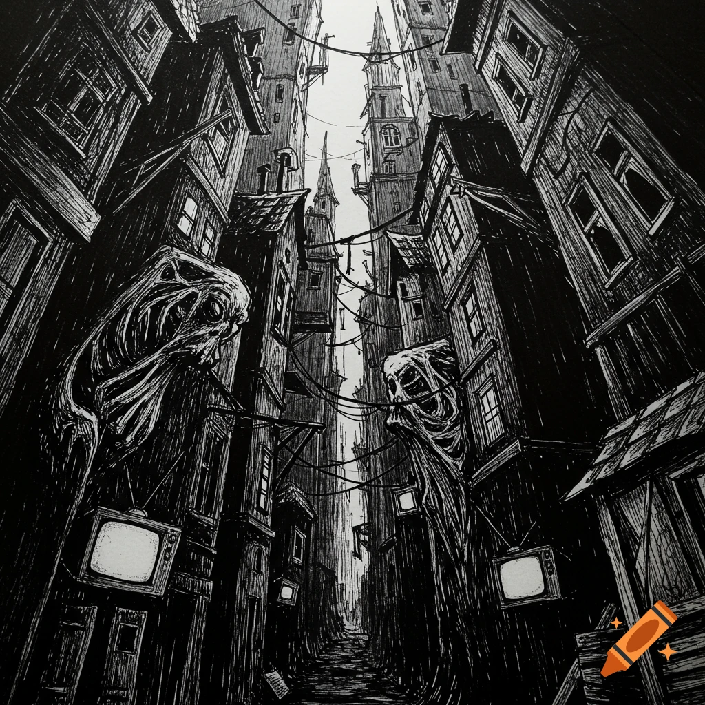 A black-and-white ink drawing of a narrow, dark alleyway flanked by tall, contorted buildings and grotesque figures, with a few old TVs.
