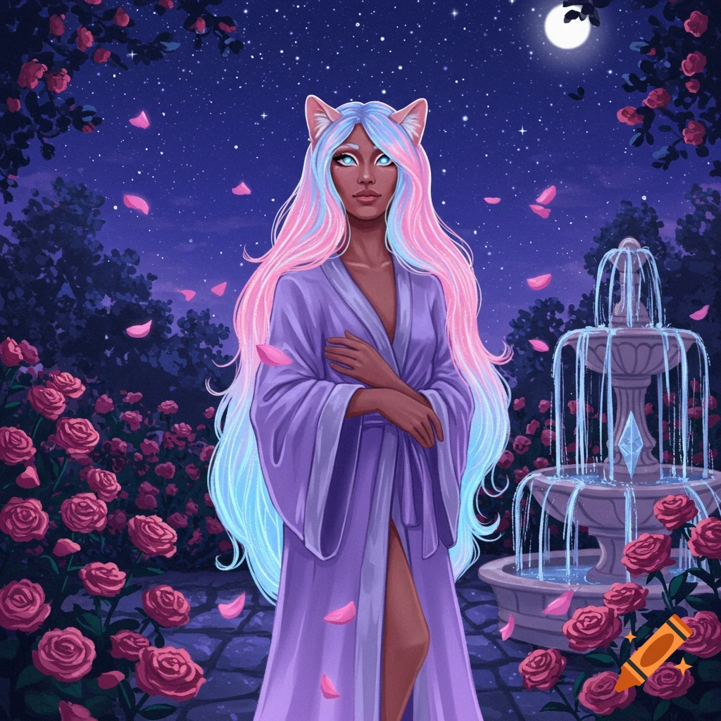 An illustration of a woman with cat ears and pastel hair in a purple robe in a rose garden at night with a fountain.