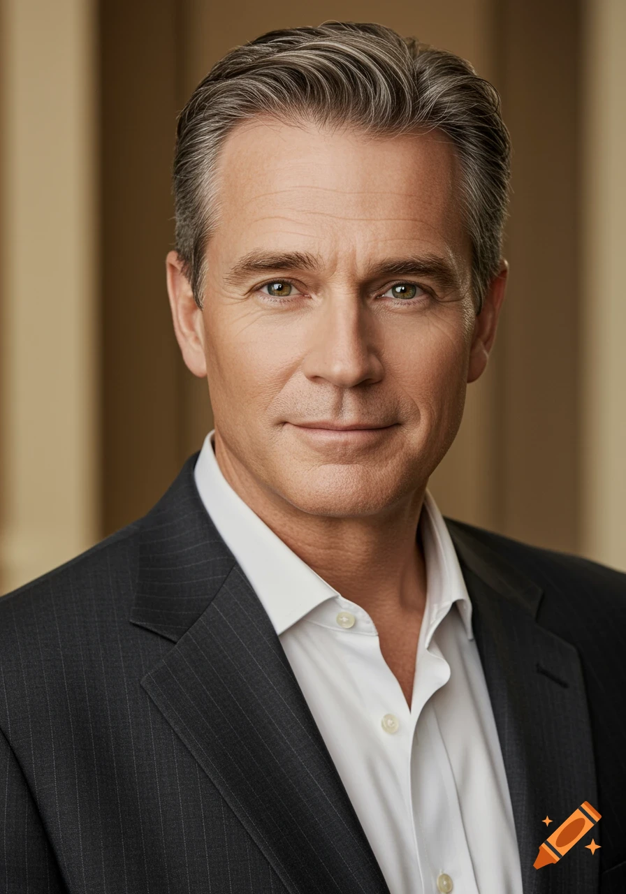 Photorealistic headshot of a mature white man with grey hair and green eyes, wearing a white shirt and dark pinstriped suit.